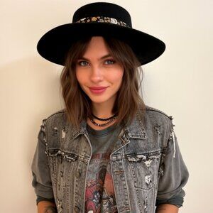 Scotch & Soda Classic Boater Wool Black Wide-Brim Hat Floral Band sz 23" 2/3